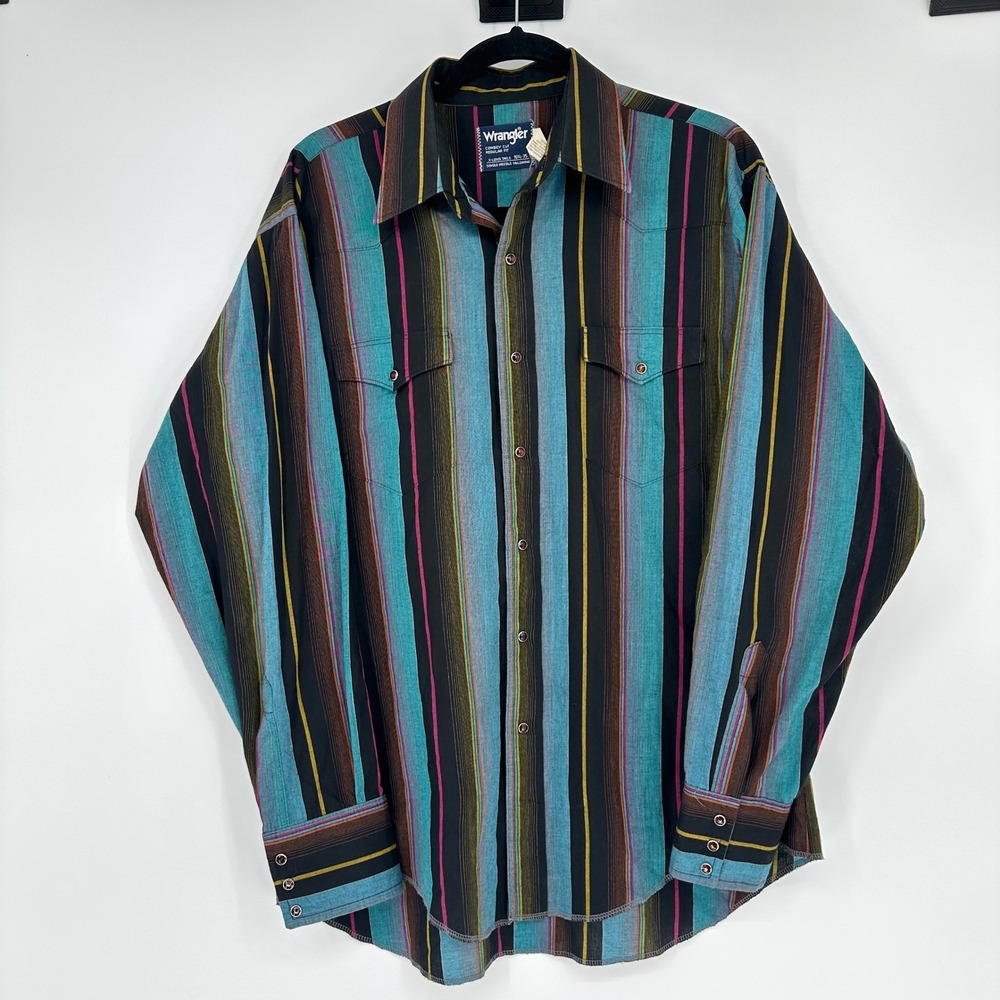 VTG Wrangler Turquoise Stripe Snap Cowboy Western Cowboy Shirt Brushpopper